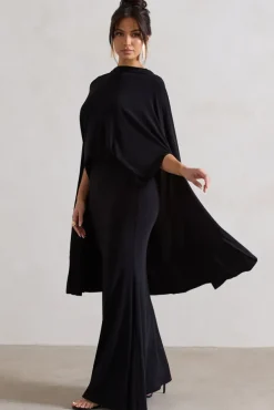 Charmaine | Black High-Neck Maxi Dress With Cape