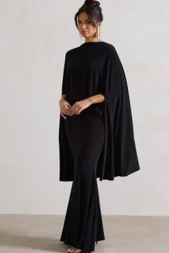 Charmaine | Black High-Neck Maxi Dress With Cape