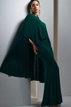 Charmaine | Bottle Green High-Neck Maxi Dress With Cape
