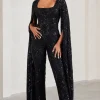 Cher | Black Sequin Lace Square-Neck Jumpsuit With Cape Sleeves