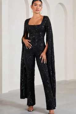 Cher | Black Sequin Lace Square-Neck Jumpsuit With Cape Sleeves