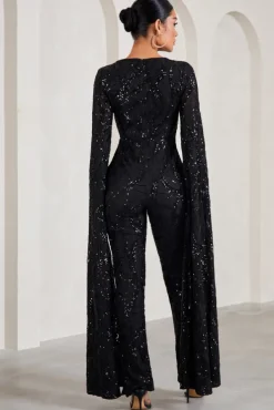 Cher | Black Sequin Lace Square-Neck Jumpsuit With Cape Sleeves