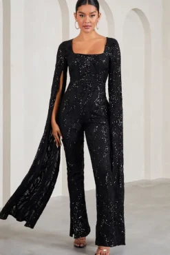 Cher | Black Sequin Lace Square-Neck Jumpsuit With Cape Sleeves