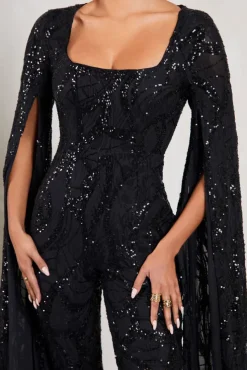 Cher | Black Sequin Lace Square-Neck Jumpsuit With Cape Sleeves