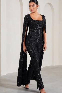 Cher | Black Sequin Lace Square-Neck Jumpsuit With Cape Sleeves