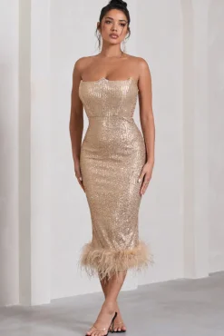 Cherie | Champagne Sequin Corset Midi Dress With Feather Trim