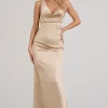 Cherish Me | Gold Satin Asymmetric Cowl Maxi Dress With Feather Strap