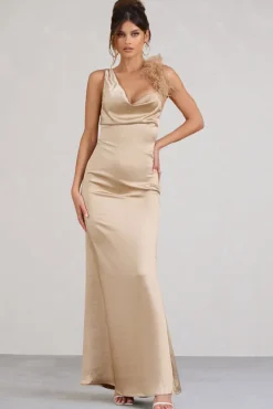 Cherish Me | Gold Satin Asymmetric Cowl Maxi Dress With Feather Strap