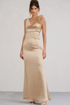 Cherish Me | Gold Satin Asymmetric Cowl Maxi Dress With Feather Strap