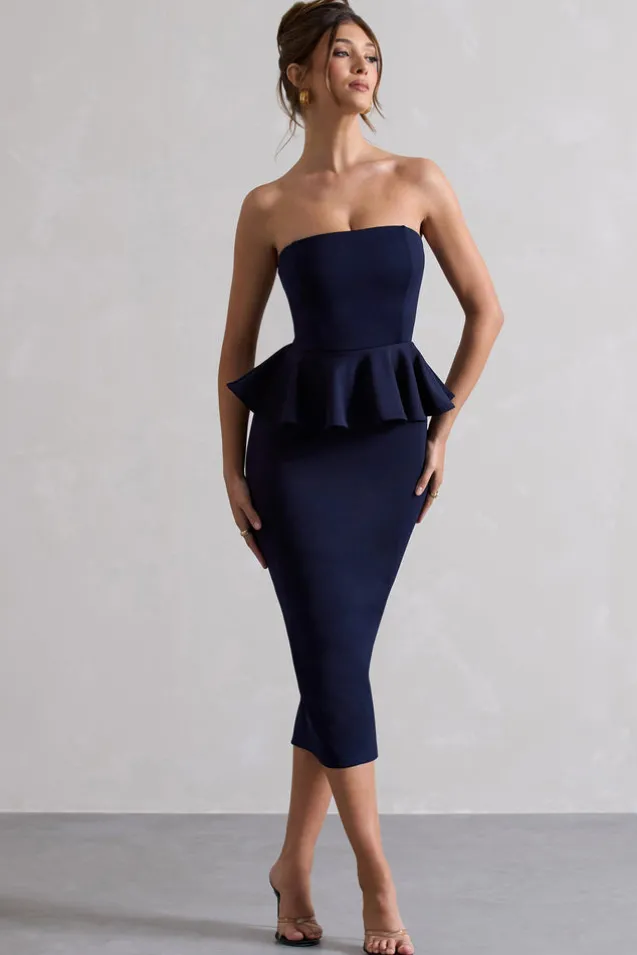 Chicago | Navy Bodycon Bandeau Midi Dress With Peplum Detail