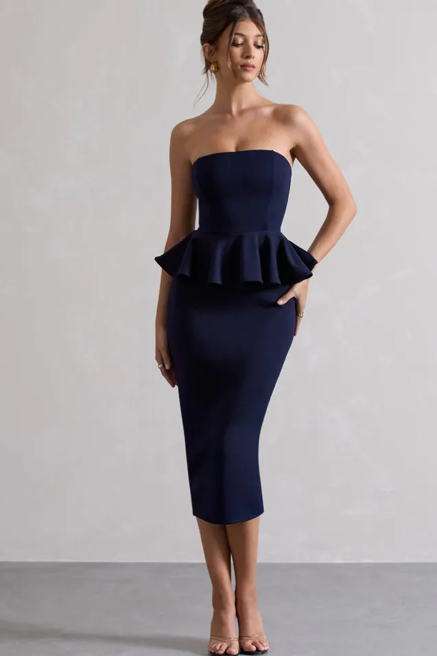 Chicago | Navy Bodycon Bandeau Midi Dress With Peplum Detail