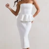 Chicago | White Bodycon Bandeau Midi Dress With Peplum Detail