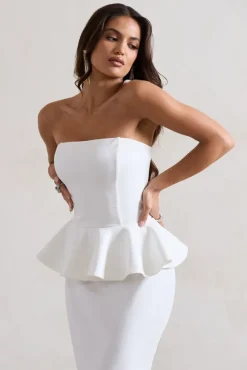 Chicago | White Bodycon Bandeau Midi Dress With Peplum Detail