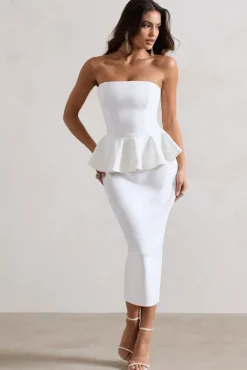 Chicago | White Bodycon Bandeau Midi Dress With Peplum Detail