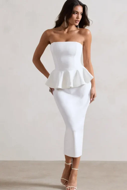 Chicago | White Bodycon Bandeau Midi Dress With Peplum Detail