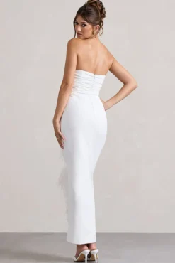 Chosen | White Bandeau Wrap Maxi Dress With Feather Trim