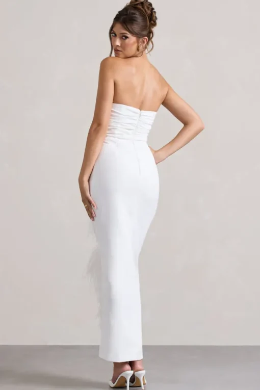 Chosen | White Bandeau Wrap Maxi Dress With Feather Trim