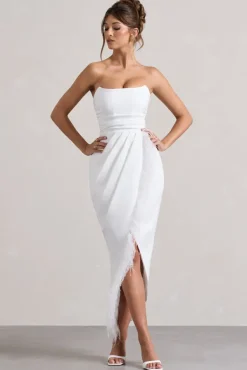 Chosen | White Bandeau Wrap Maxi Dress With Feather Trim