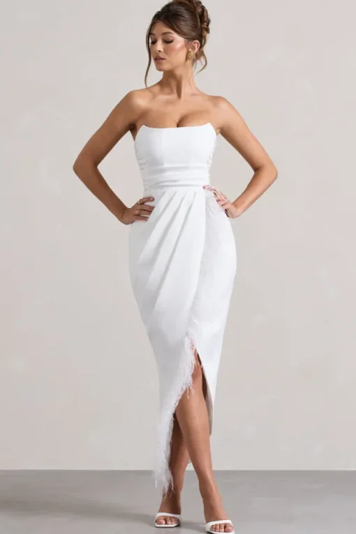 Chosen | White Bandeau Wrap Maxi Dress With Feather Trim