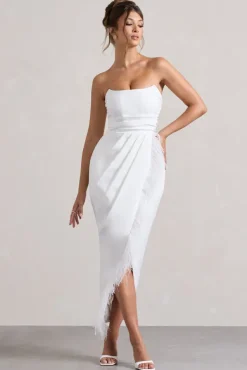Chosen | White Bandeau Wrap Maxi Dress With Feather Trim