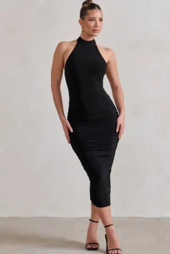 Chrissy | Black Halterneck Ruched Midi Dress