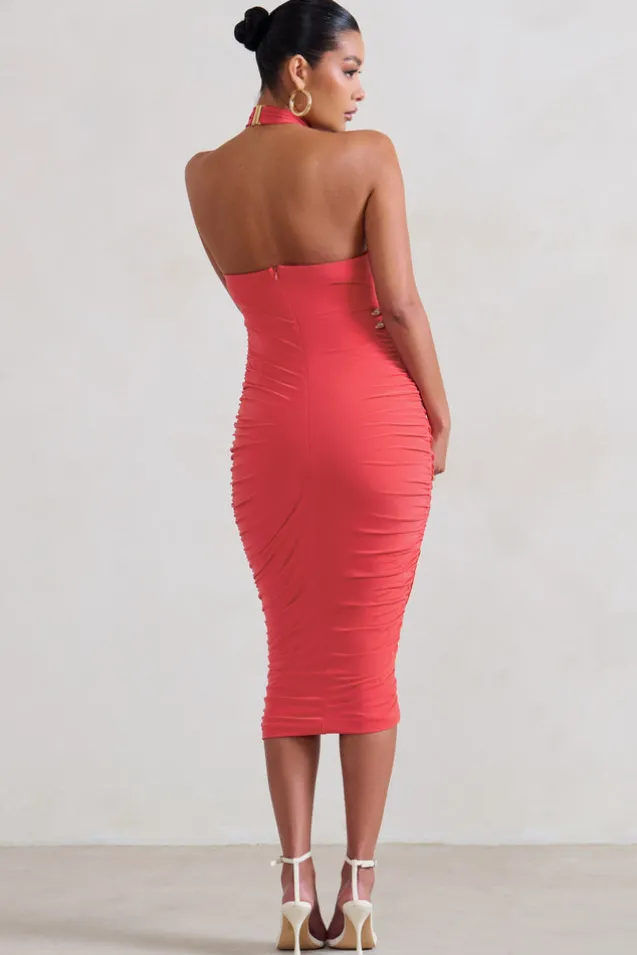 Chrissy | Coral Maternity Halterneck Ruched Midi Dress