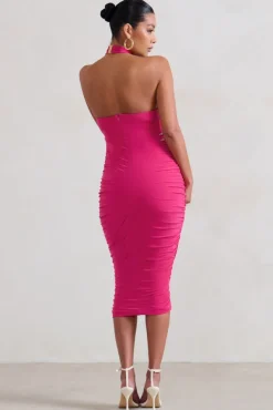 Chrissy | Hot Pink Maternity Halterneck Ruched Midi Dress