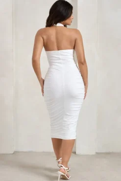 Chrissy | White Halterneck Ruched Midi Dress