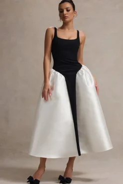 Christie | Black and Cream Scoop-Neck Midi Dress With Volume Skirt