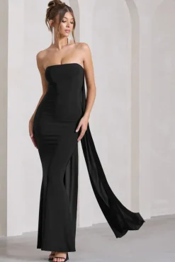Christina | Black Bandeau Sleeveless Maxi Dress With Cape
