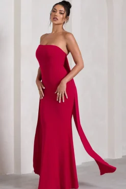 Christina | Red Bandeau Sleeveless Maxi Dress With Cape