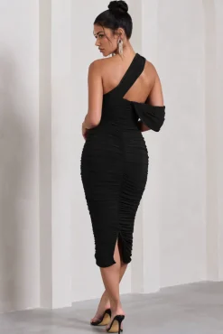 Cici | Black Asymmetric One Shoulder Ruched Midi Dress