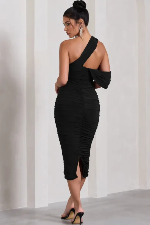 Cici | Black Asymmetric One Shoulder Ruched Midi Dress