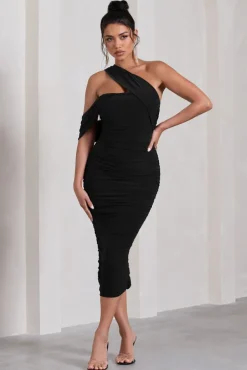 Cici | Black Asymmetric One Shoulder Ruched Midi Dress