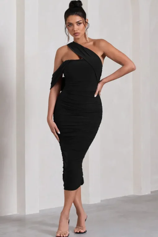 Cici | Black Asymmetric One Shoulder Ruched Midi Dress
