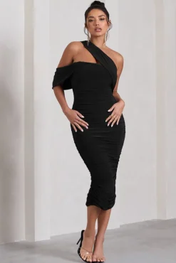 Cici | Black Asymmetric One Shoulder Ruched Midi Dress