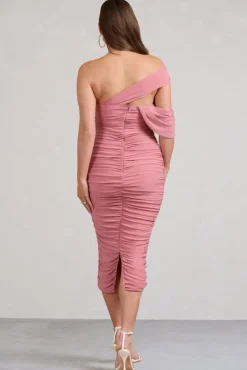 Cici | Blush Pink Asymmetric Ruched Maternity Midi Dress