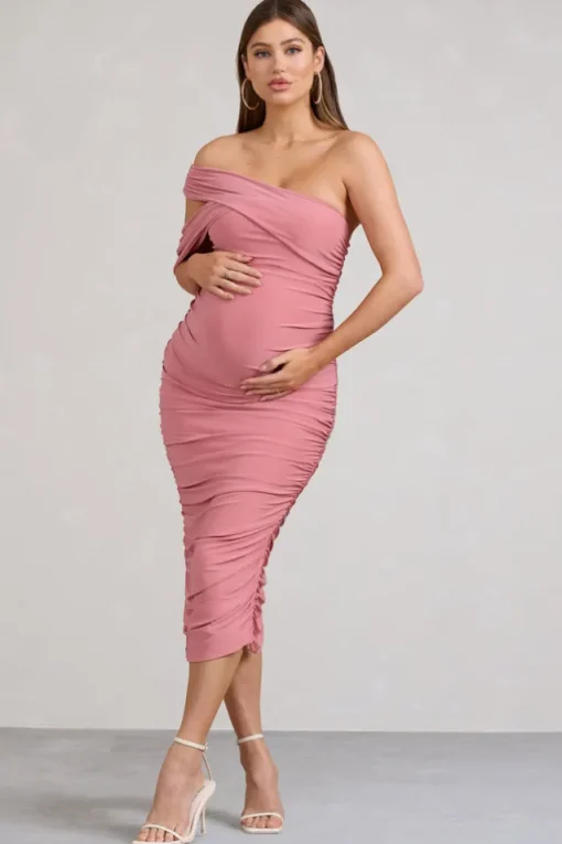 Cici | Blush Pink Asymmetric Ruched Maternity Midi Dress