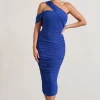 Cici | Cobalt Blue Asymmetric One Shoulder Ruched Midi Dress