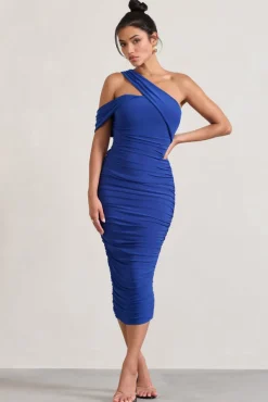 Cici | Cobalt Blue Asymmetric One Shoulder Ruched Midi Dress
