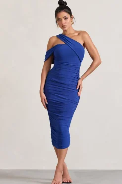 Cici | Cobalt Blue Asymmetric One Shoulder Ruched Midi Dress