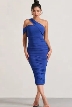 Cici | Cobalt Blue Asymmetric One Shoulder Ruched Midi Dress