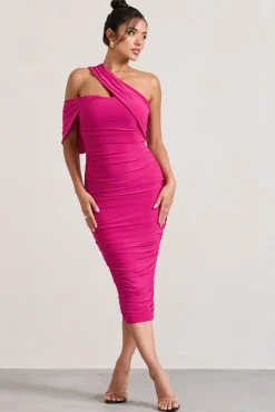 Cici | Hot Pink Asymmetric One Shoulder Ruched Midi Dress