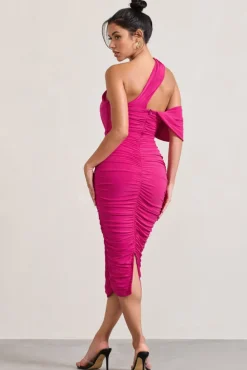 Cici | Hot Pink Asymmetric One Shoulder Ruched Midi Dress