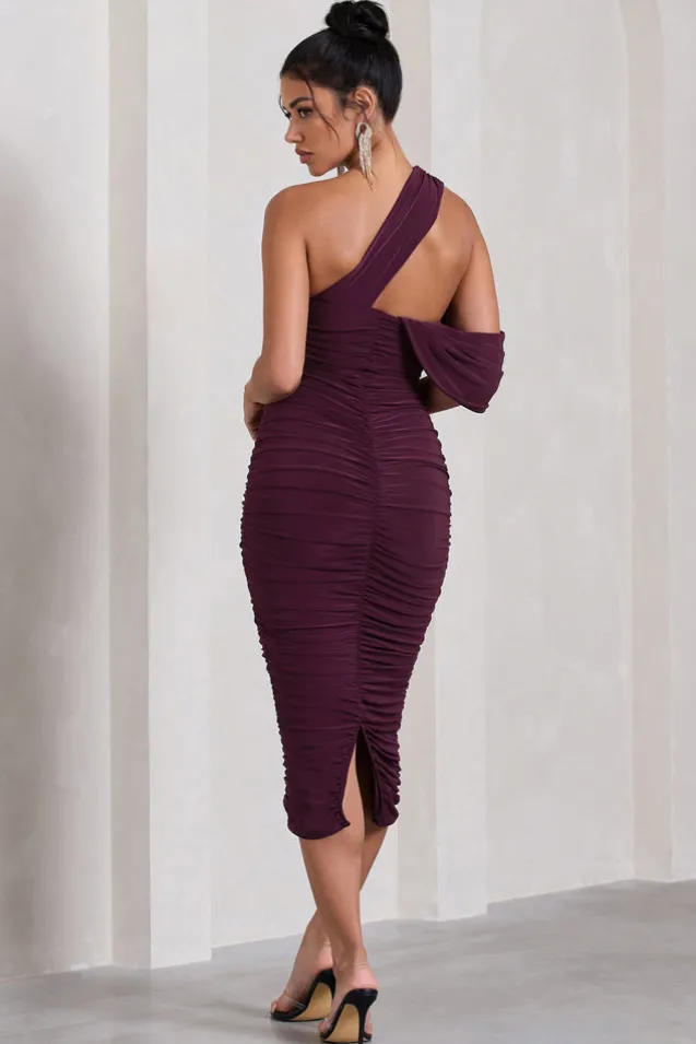 Cici | Plum Asymmetric One Shoulder Ruched Midi Dress