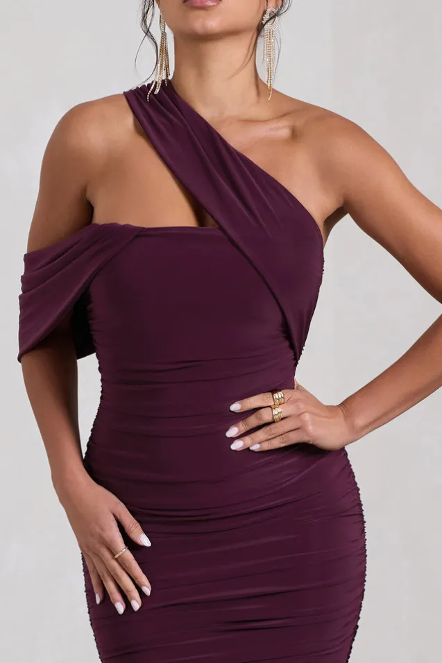 Cici | Plum Asymmetric One Shoulder Ruched Midi Dress