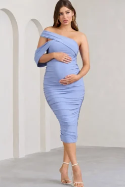 Cici | Powder Blue Asymmetric Ruched Maternity Midi Dress