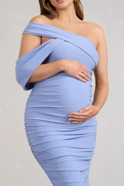 Cici | Powder Blue Asymmetric Ruched Maternity Midi Dress