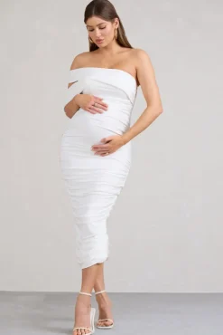 Cici | White Asymmetric Ruched Maternity Midi Dress