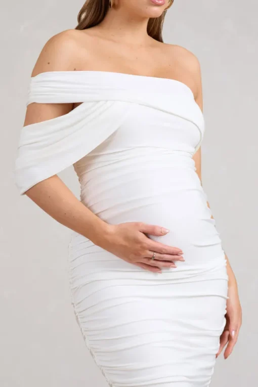Cici | White Asymmetric Ruched Maternity Midi Dress